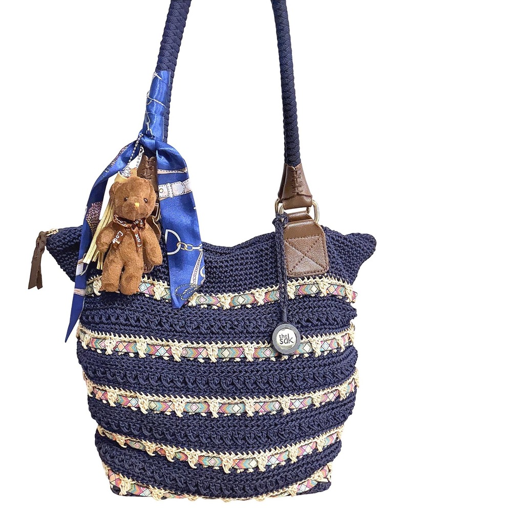 The Sak Navy Blue Crochet Tote Bag Boho Embroidered Stripe Large Shoulder Bag